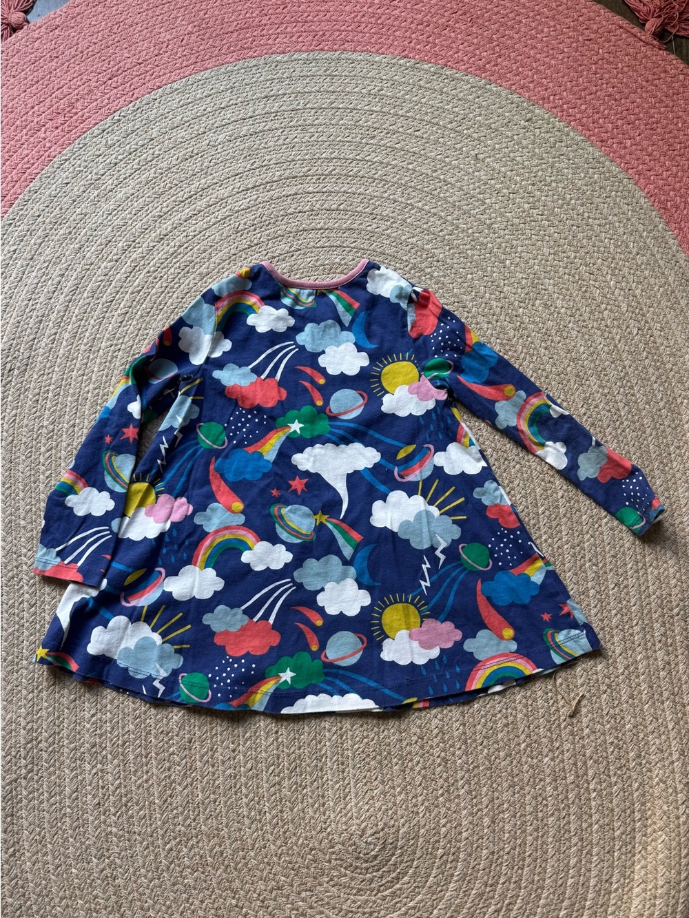 Mini Boden Kids Rainbow Cloud Planets Tunic with Pink Stripe Pockets - Picture 3 of 4